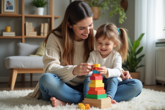 Maman et fille construisent une tour de blocs colorés