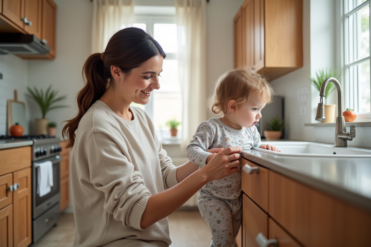 Maman pose un verrou de sécurité dans la cuisine avec sa fille
