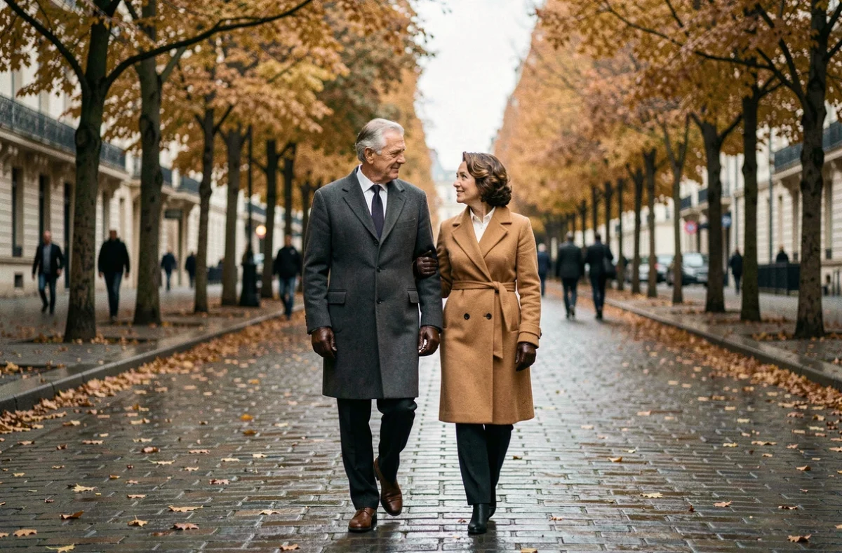 Couple élégant marchant discrètement sur une avenue parisienne en automne, illustrant la vie de couple préservée des regards d'une figure médiatique française