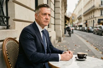Homme élégant dans la cinquantaine assis seul à une terrasse de café parisien, regard discret et pensif, illustrant la vie privée d'une personnalité médiatique