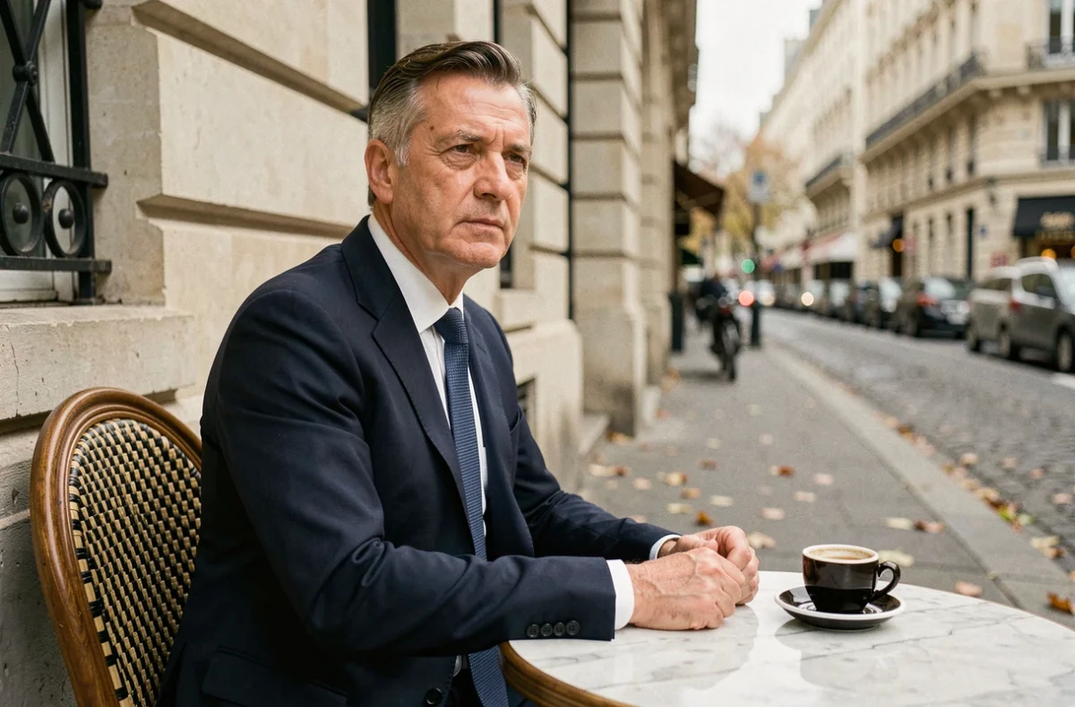Homme élégant dans la cinquantaine assis seul à une terrasse de café parisien, regard discret et pensif, illustrant la vie privée d'une personnalité médiatique