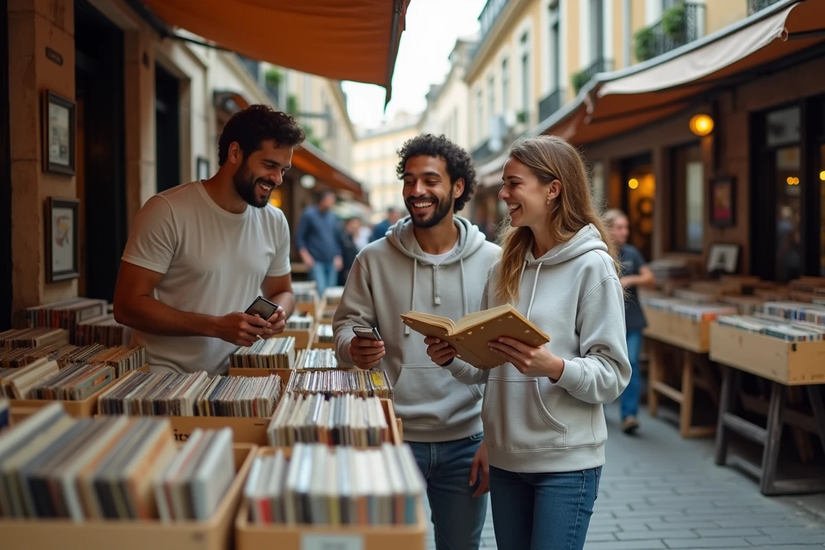 Jeunes amis chinant dans un marché aux puces parisien à petit prix