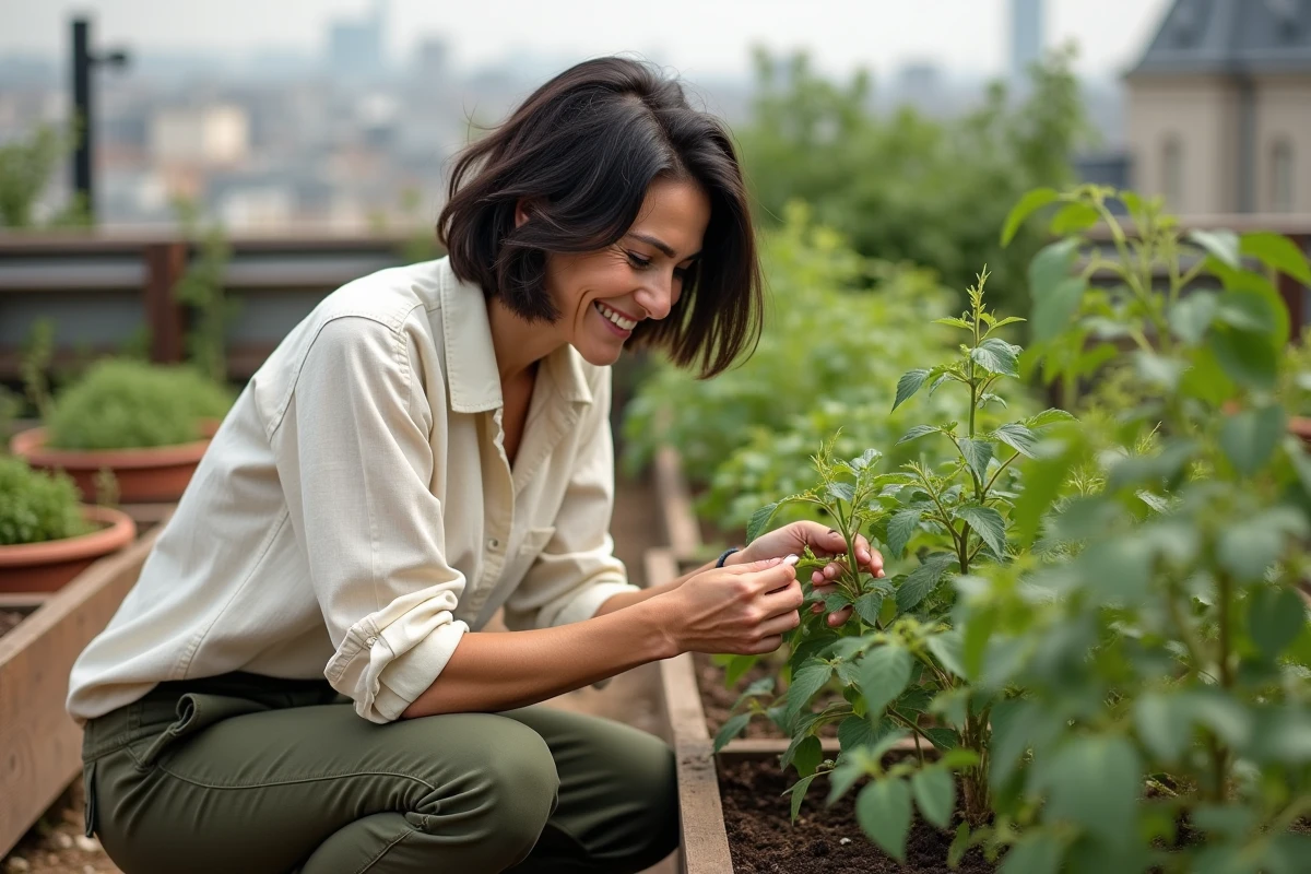 Femme détendue et authentique prenant soin d'un jardin potager urbain sur un toit parisien, révélant une personnalité proche de la nature et discrète