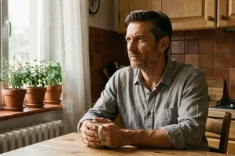 Mari pensif assis dans une cuisine française, illustrant la vie discrète du conjoint d'une personnalité publique comme Diams