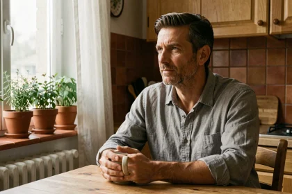 Mari pensif assis dans une cuisine française, illustrant la vie discrète du conjoint d'une personnalité publique comme Diams