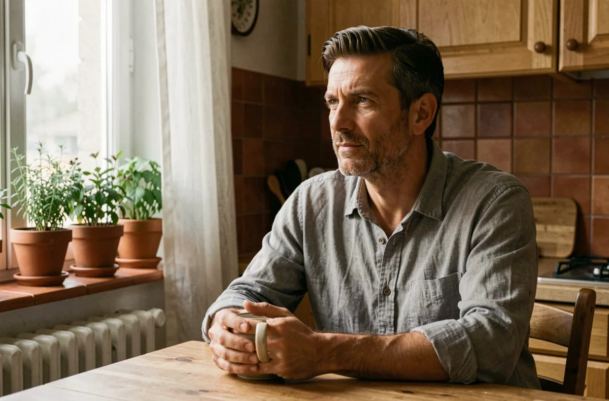 Mari pensif assis dans une cuisine française, illustrant la vie discrète du conjoint d'une personnalité publique comme Diams
