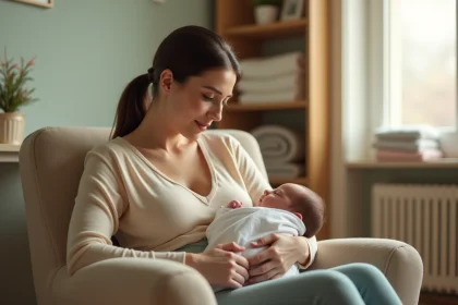 Jeune mère allaitant son nouveau-né dans une chambre de bébé cosy, illustrant le congé maternité pour allaitement