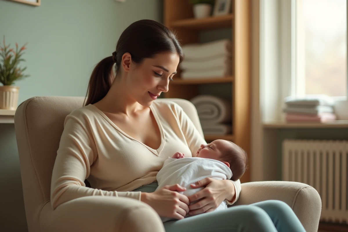 Jeune mère allaitant son nouveau-né dans une chambre de bébé cosy, illustrant le congé maternité pour allaitement