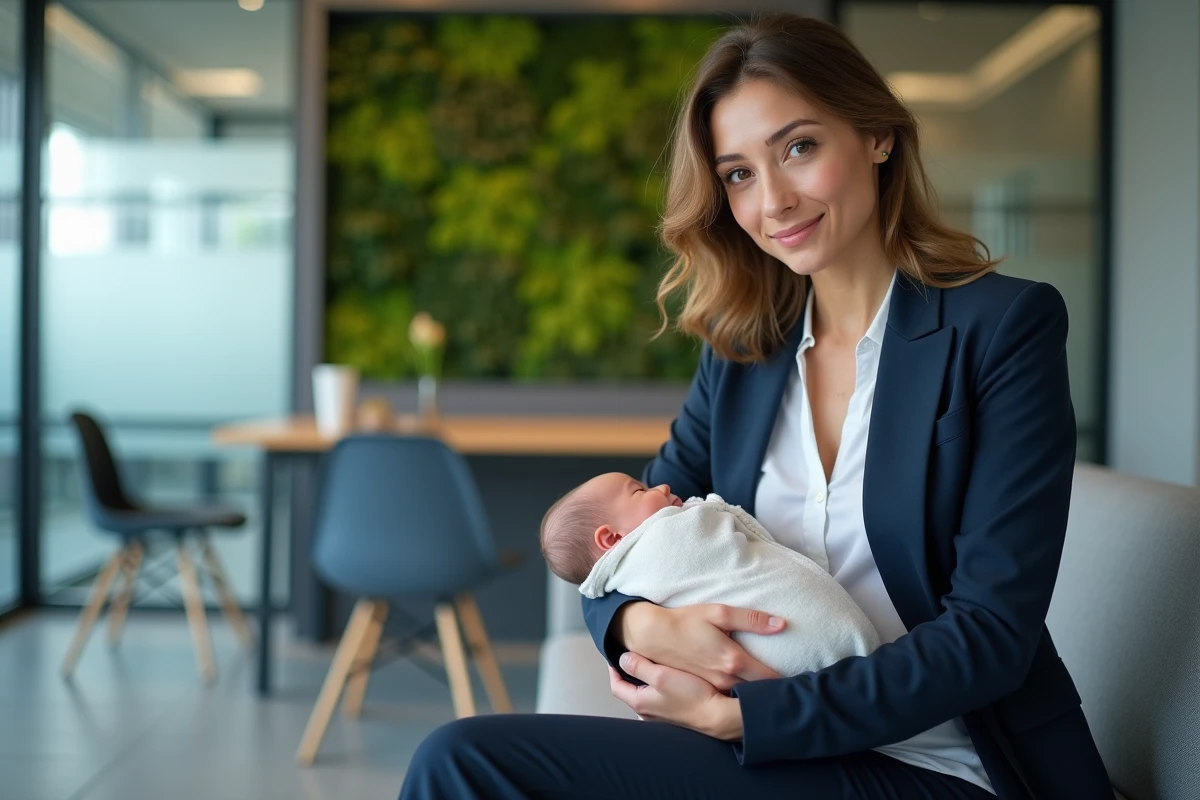 Femme cadre allaitant discrètement son bébé dans un espace de pause bureau moderne, symbolisant les droits au congé maternité allaitement en entreprise