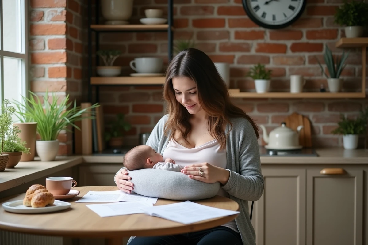 Mère allaitant son bébé dans une cuisine tout en consultant des documents sur ses droits au congé maternité allaitement