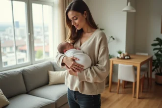 Jeune mère tenant son nouveau-né dans ses bras dans un appartement cosy, regard tendre et protecteur, ambiance intimiste