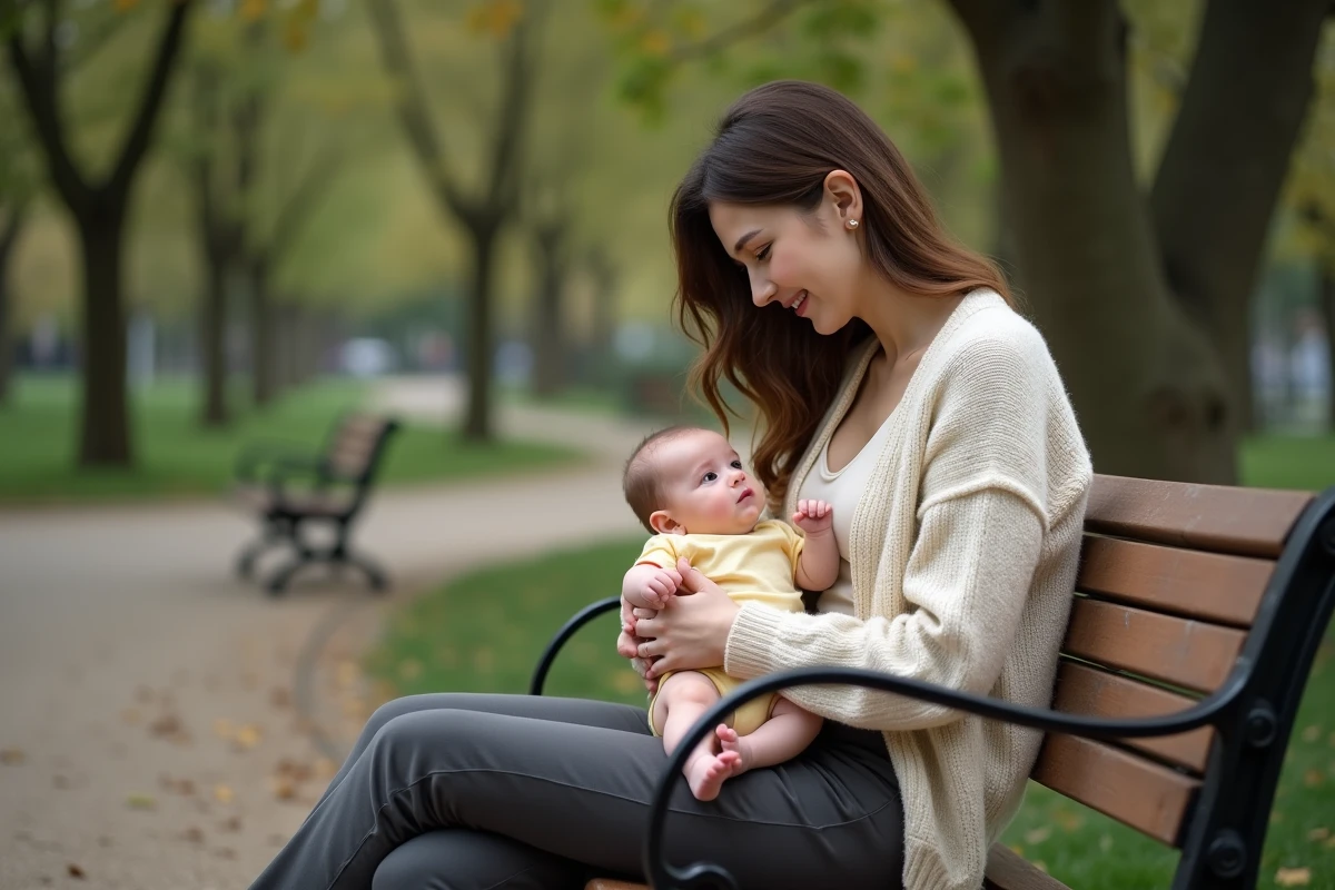 Mère souriante tenant son bébé sur ses genoux sur un banc dans un parc calme, moment de complicité intime à l'abri des regards