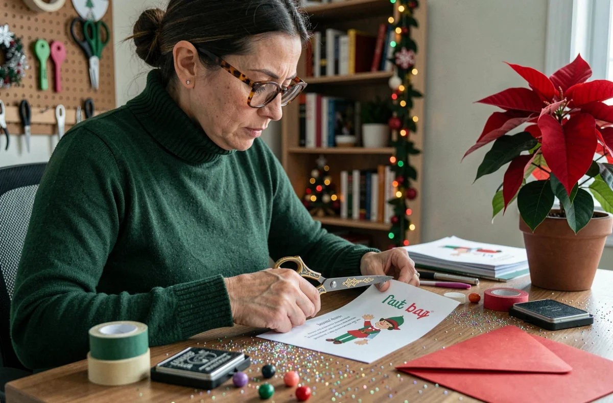 Mère créative découpant et personnalisant une lettre de lutin farceur imprimée sur son bureau d'artisanat décoré pour les fêtes de Noël