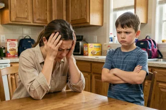 Mère épuisée face à son enfant difficile dans la cuisine familiale, illustrant les défis parentaux du quotidien