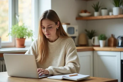 Mère de famille consultant une application de garde d'enfants sur son ordinateur portable pendant les vacances scolaires