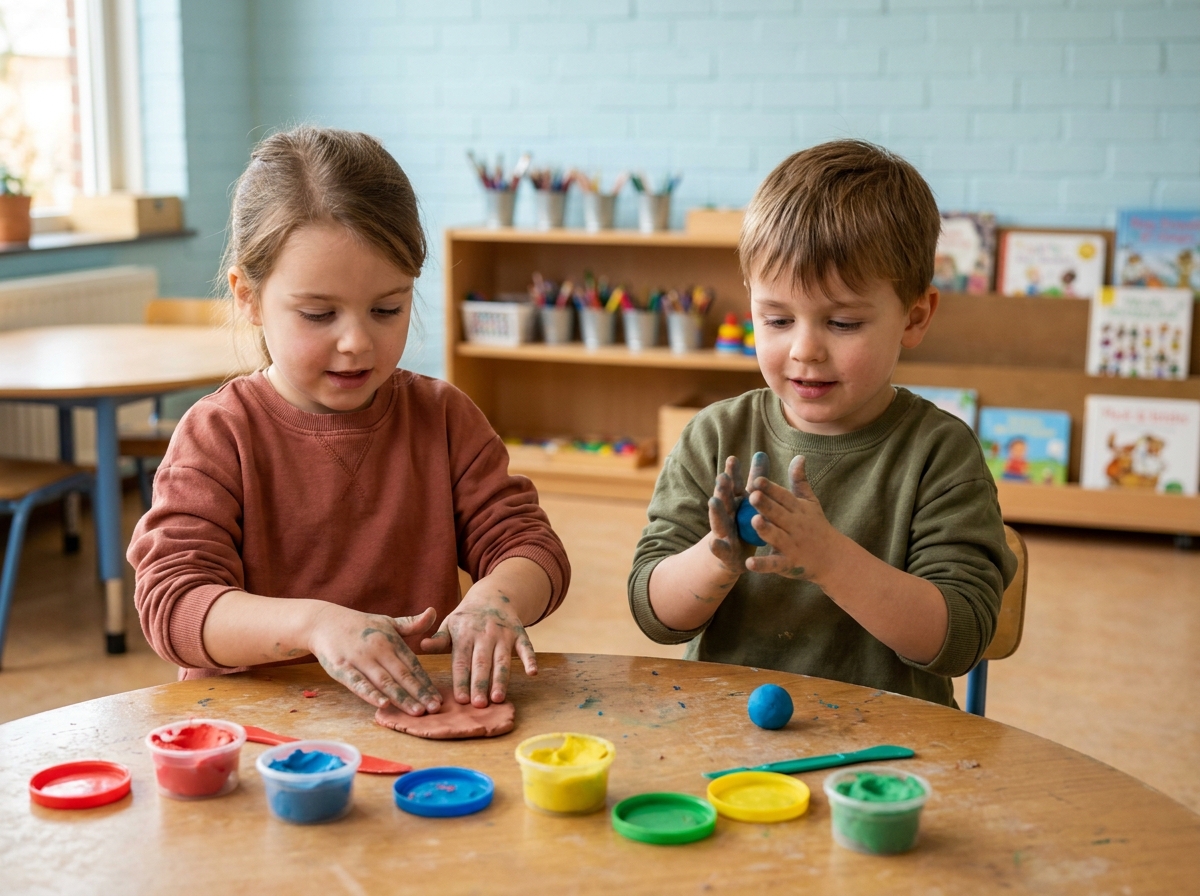 Deux enfants de 5 ans modelant de la pâte à modeler en classe pour stimuler la motricité fine