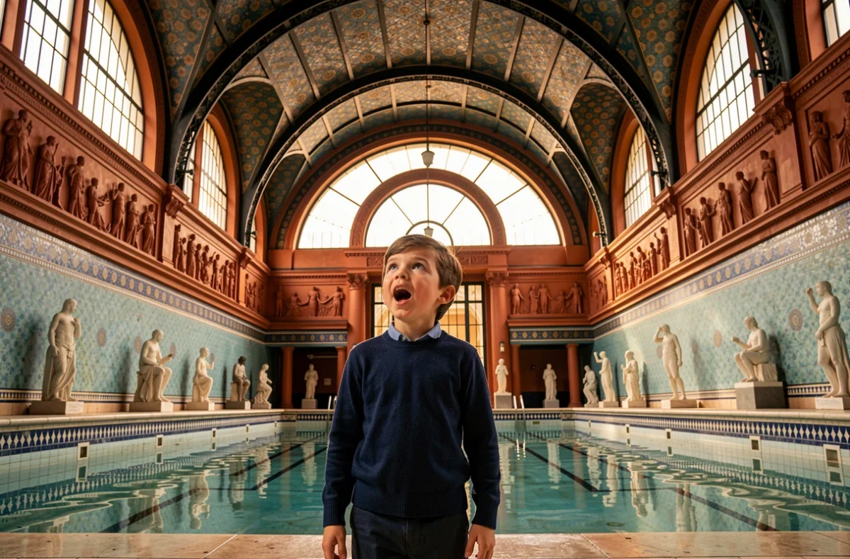 Jeune garçon admirant l'architecture art déco intérieure du Musée La Piscine à Roubaix