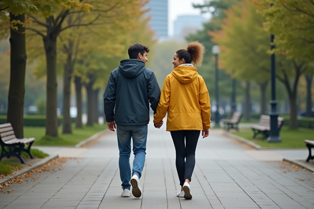 Naomi Osaka marche avec son mari dans un parc urbain