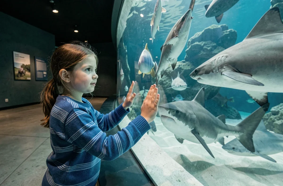 Petite fille admirant les requins à travers la vitre de l'aquarium Nausicaá à Boulogne-sur-Mer