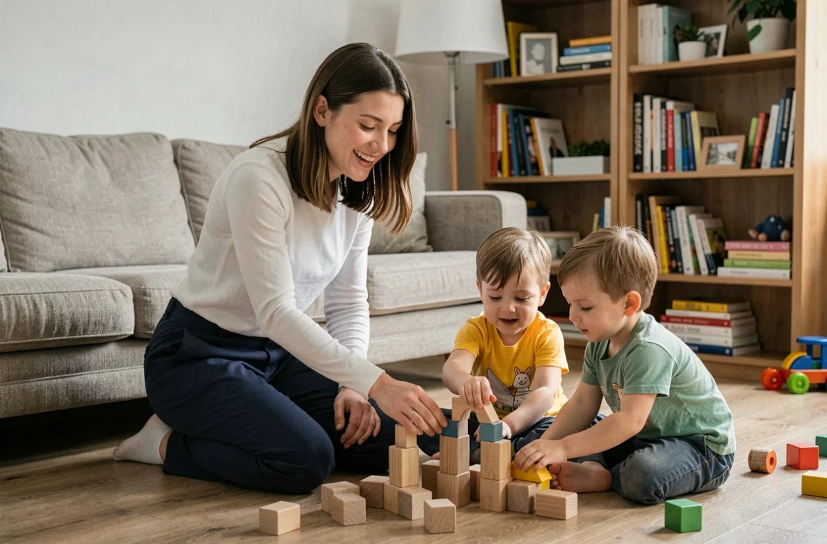 Nounou à domicile jouant avec des enfants dans un salon familial, illustrant le travail déclaré d'une assistante maternelle
