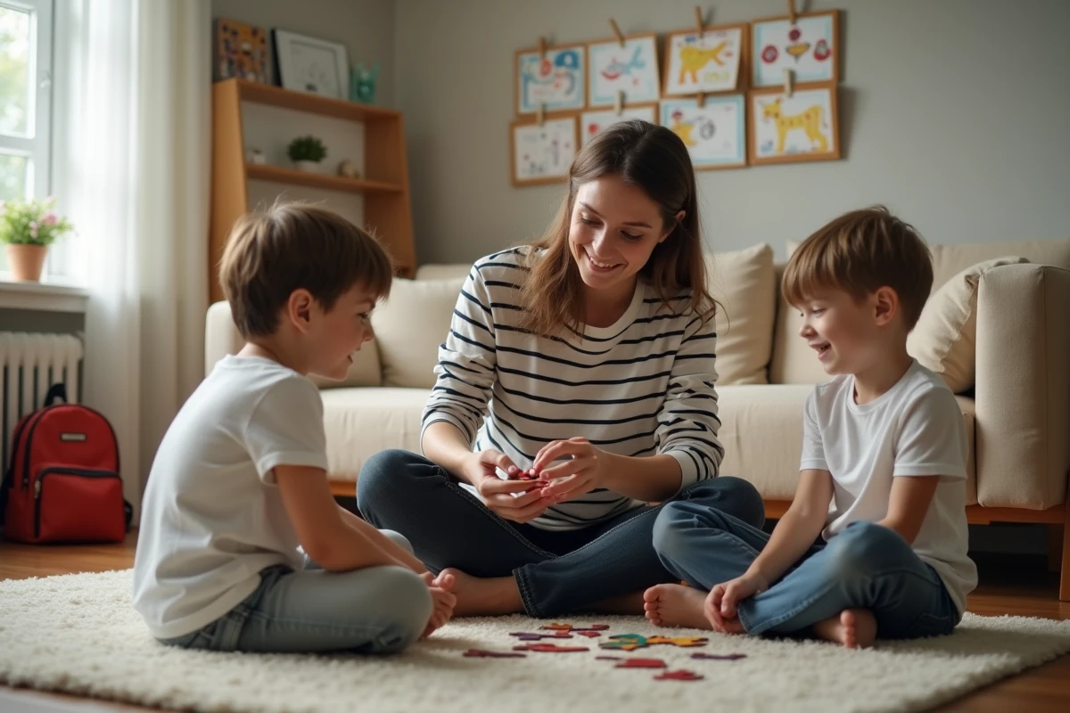 Nounou jouant avec des enfants en bas âge dans un salon familial pendant les vacances scolaires