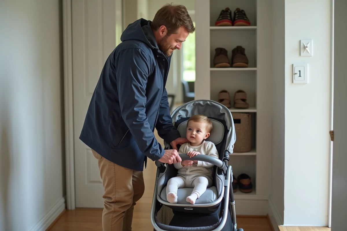 Pere attachant sa fille dans la poussette à la maison