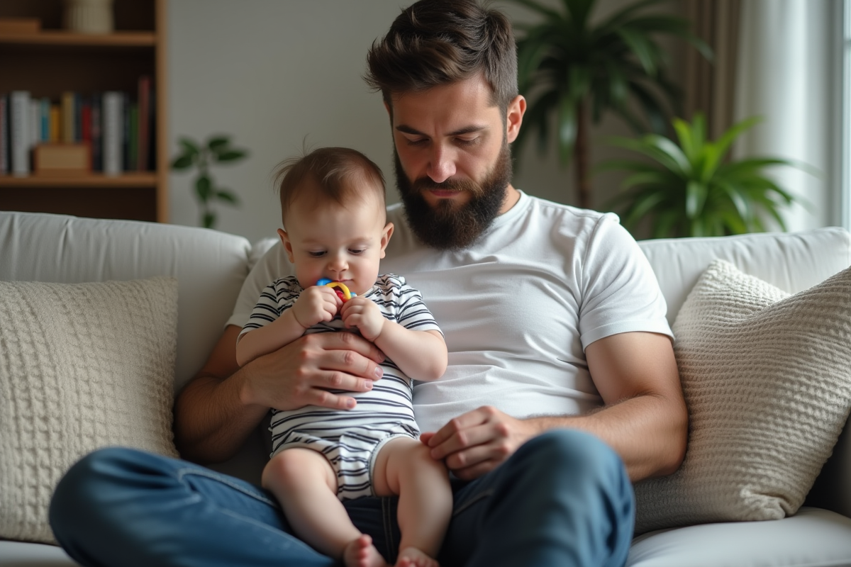 Père réconfortant son bébé en lisant les instructions de médicament à la maison