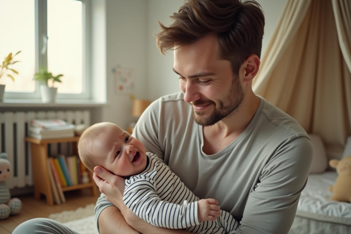 Pere berçant son bébé pleurant dans une chambre lumineuse