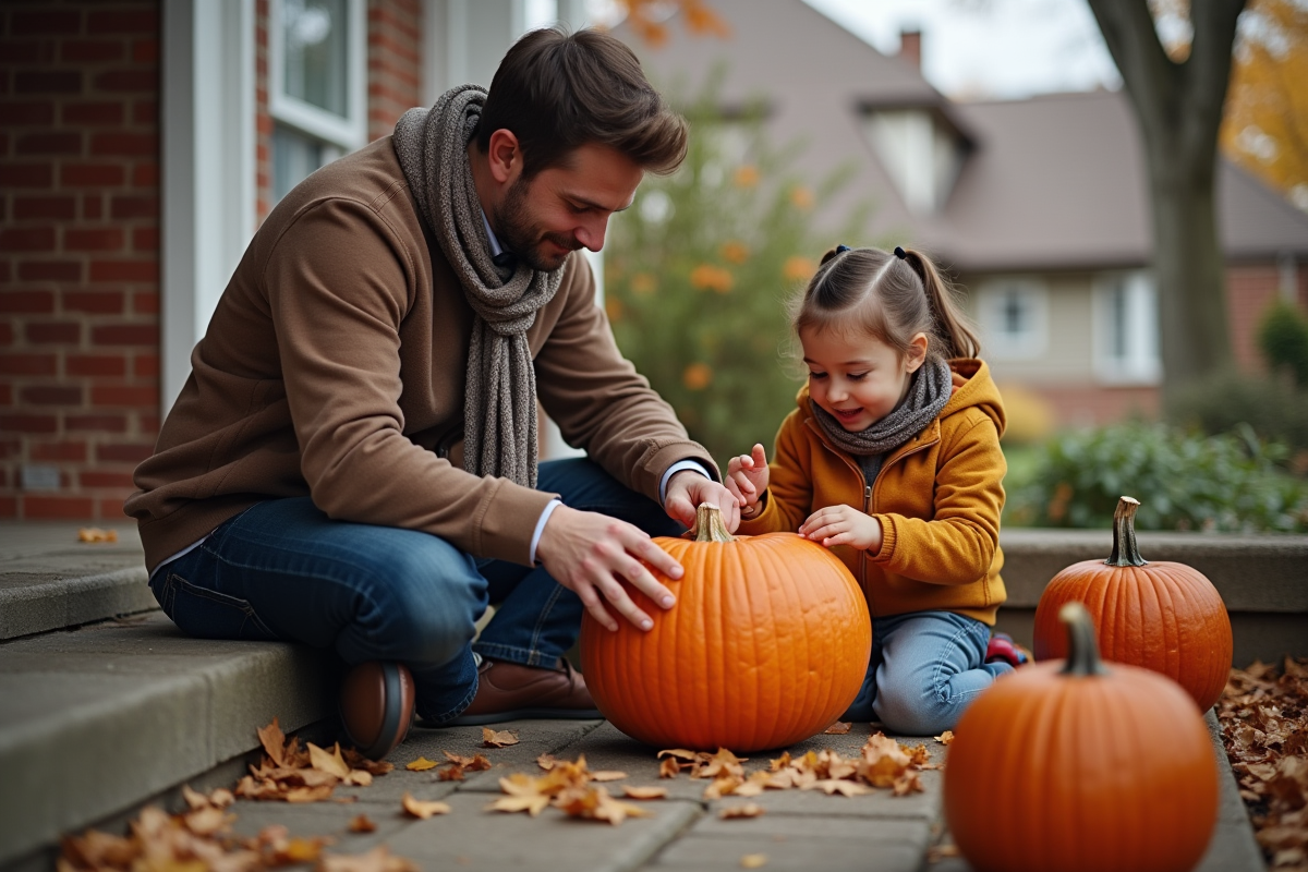 Pere et fille sculptant une citrouille sur la terrasse