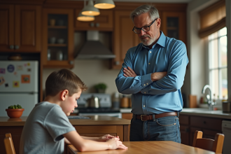 Père stern et fils à la cuisine familiale