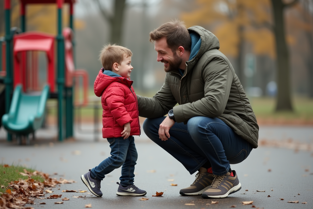 Père et fils discutant dans un parc en automne