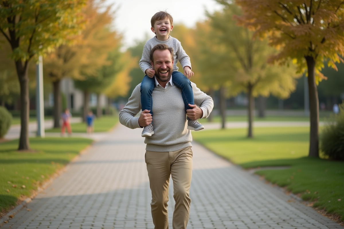 Père portant son fils sur les épaules dans un parc