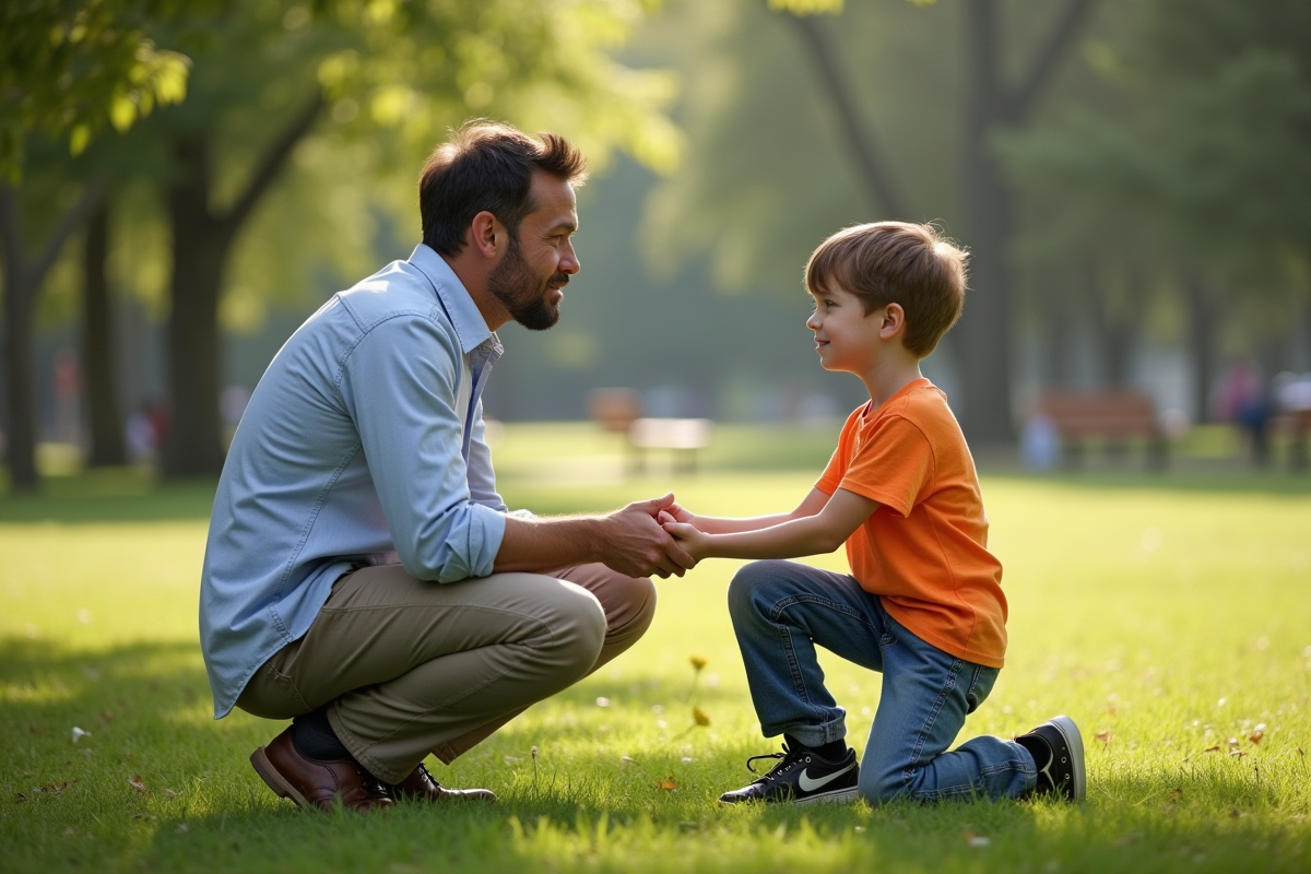 Père et fils discutent dans un parc urbain calme