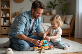 Père et fille jouent ensemble sur le tapis du salon