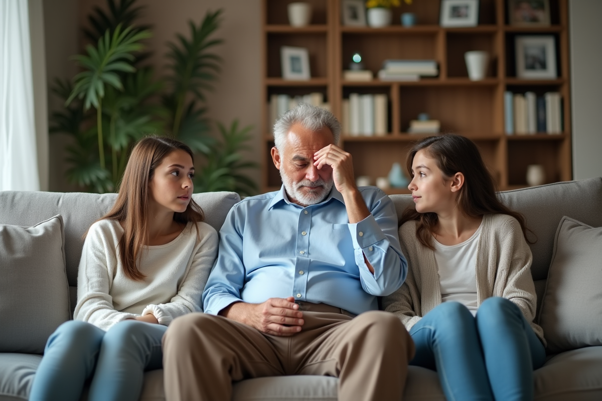 Père stressé avec ses filles adolescentes à la maison