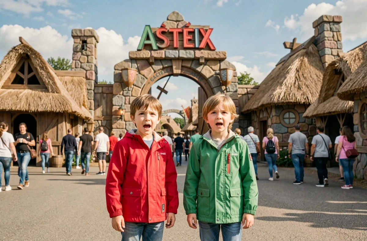 Deux enfants émerveillés devant l'entrée du Parc Astérix à Plailly