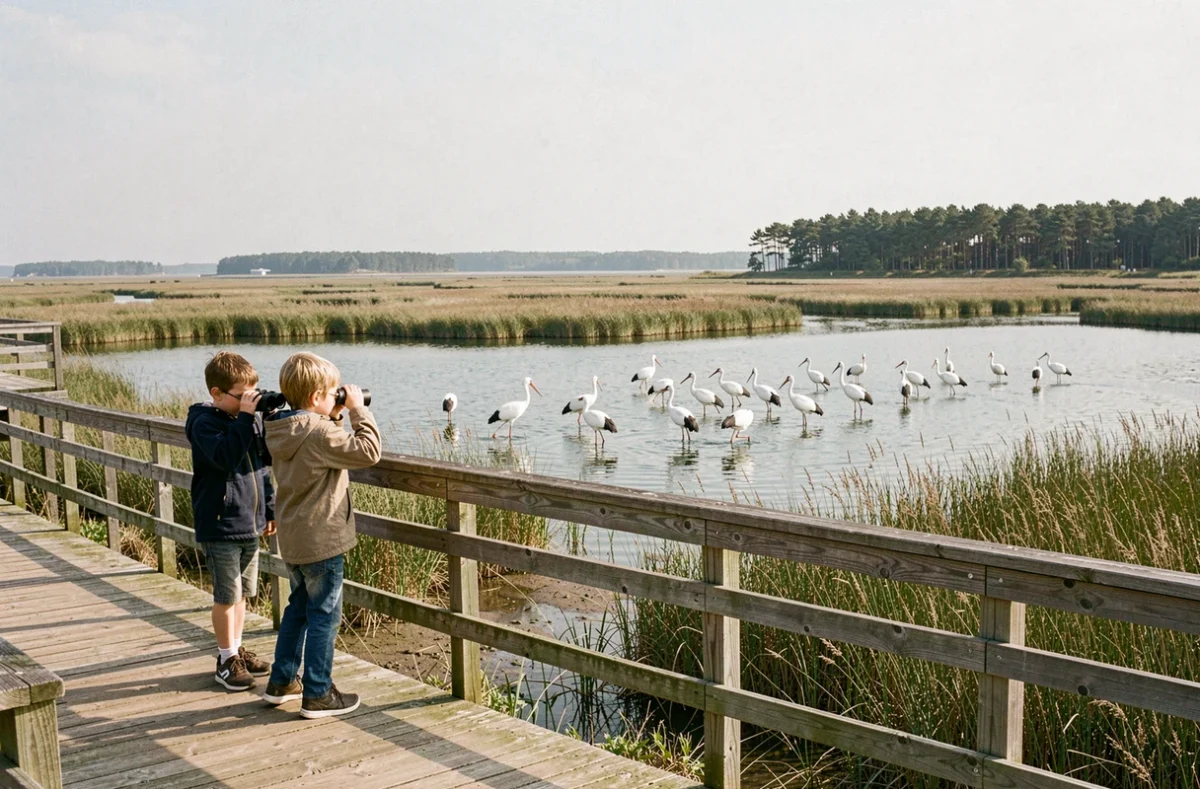 Famille avec enfants observant des oiseaux depuis un belvédère en bois au Parc du Marquenterre