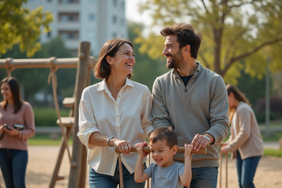 Parents poussant un enfant sur une balançoire au parc