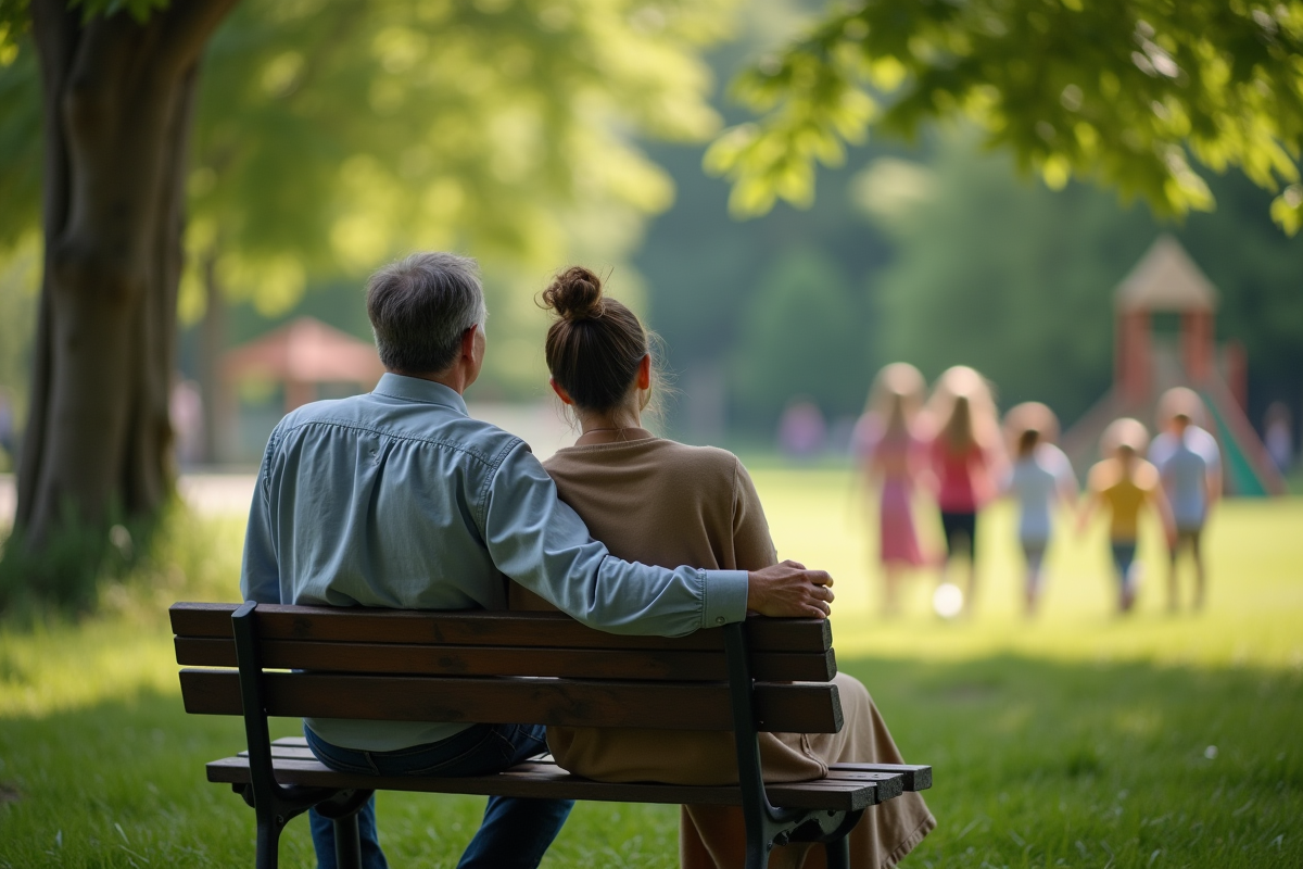 Parents assis sur un banc regardant jouer leurs enfants dans un parc