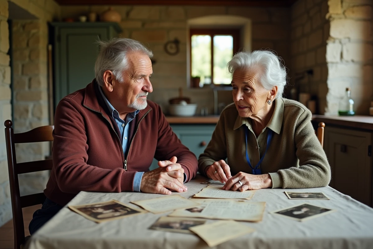 Couple de parents âgés examinant de vieilles lettres et photographies de famille sur une table en bois dans une maison de campagne française