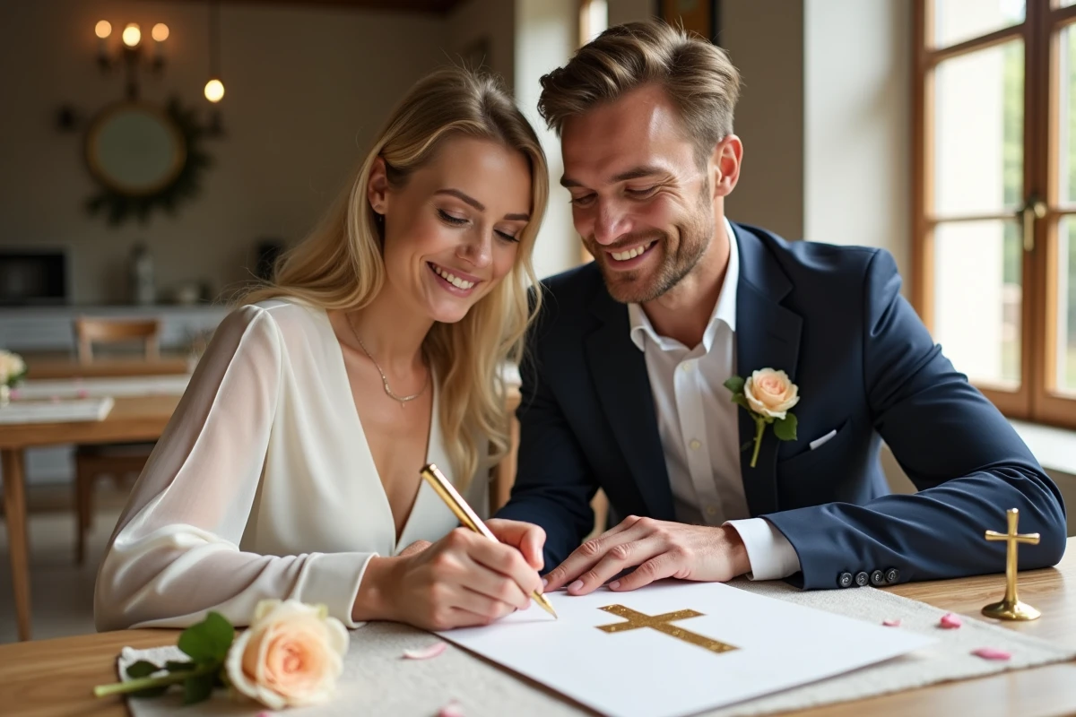 Parrain et marraine écrivant ensemble une carte de baptême sur une table en bois avec stylo doré