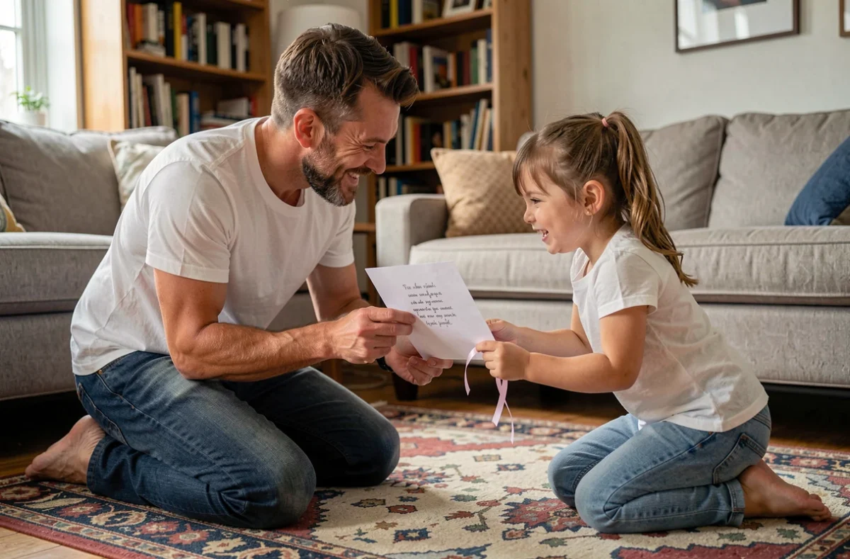 Père et fille partageant un moment émouvant avec un poème offert pour la fête des pères