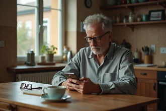 Père d'âge mûr assis seul à table regardant son téléphone sans réponse, symbolisant la rupture de communication avec son fils adulte