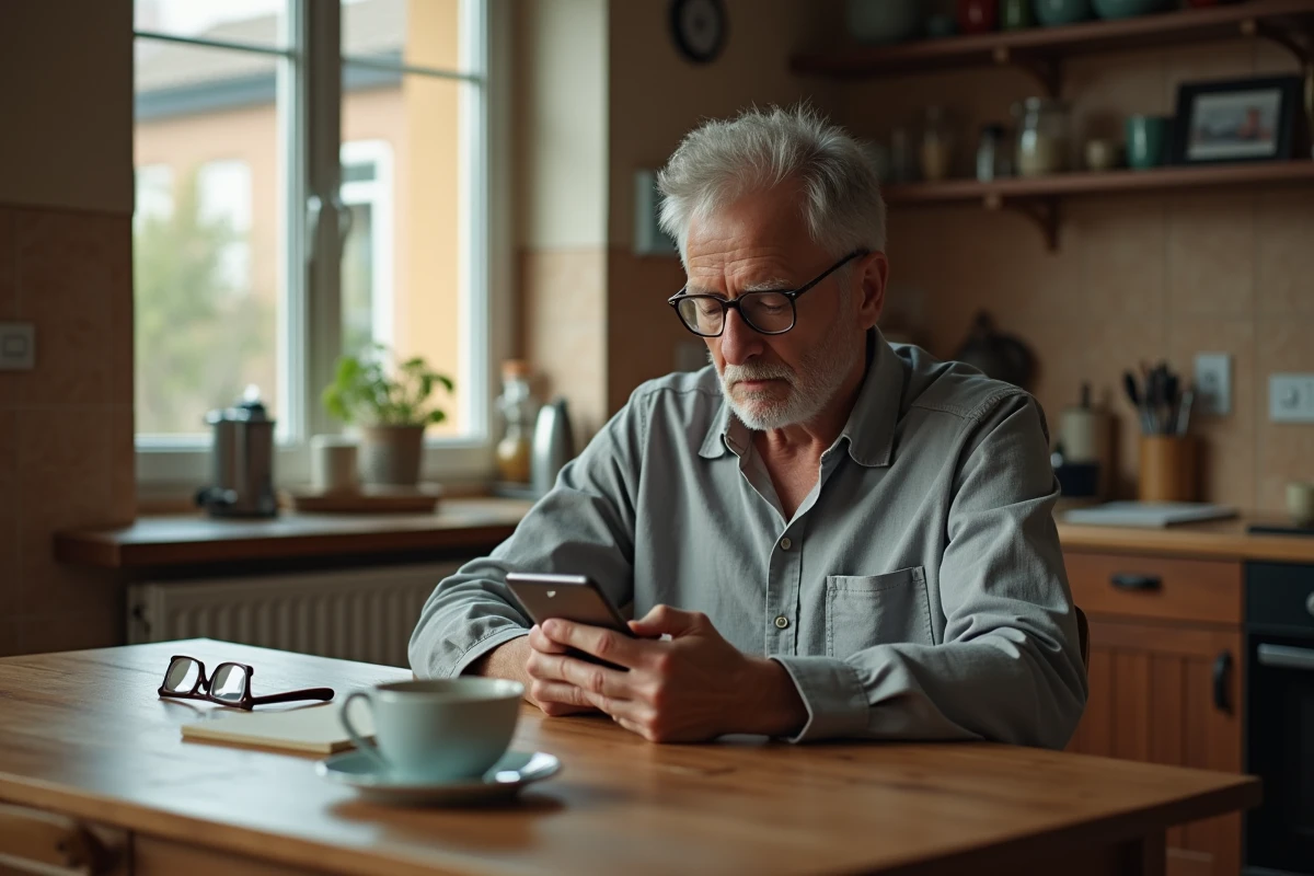Père d'âge mûr assis seul à table regardant son téléphone sans réponse, symbolisant la rupture de communication avec son fils adulte