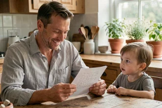 Père ému lisant un poème manuscrit de son enfant à table pour la fête des pères