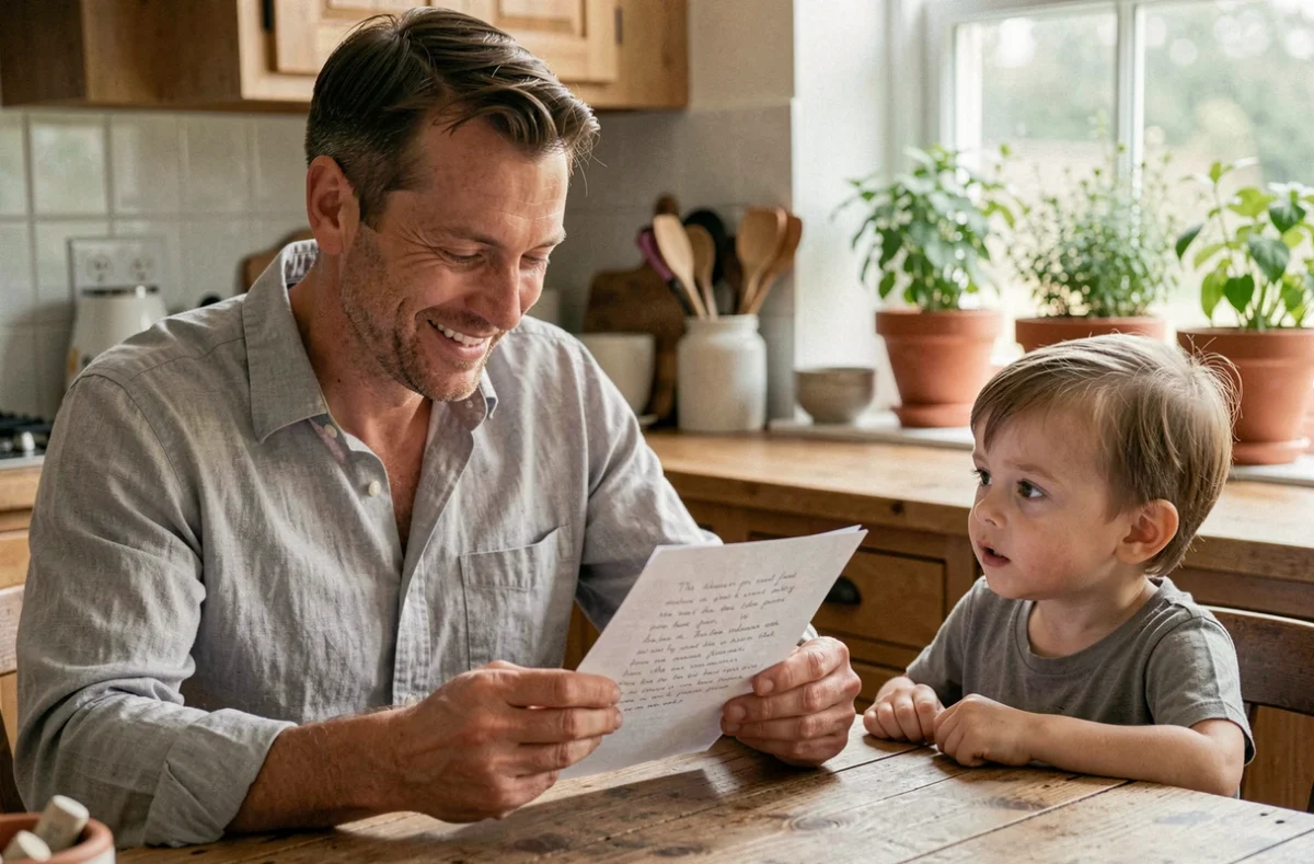 Père ému lisant un poème manuscrit de son enfant à table pour la fête des pères