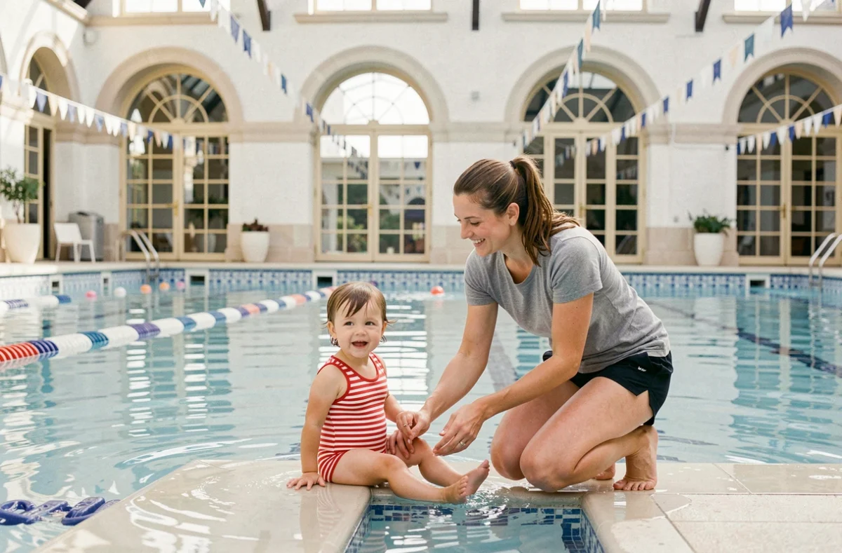 Parent encourageant son enfant à entrer dans l'eau lors d'un cours de bébé nageur à la Piscine du Carrousel de Dijon