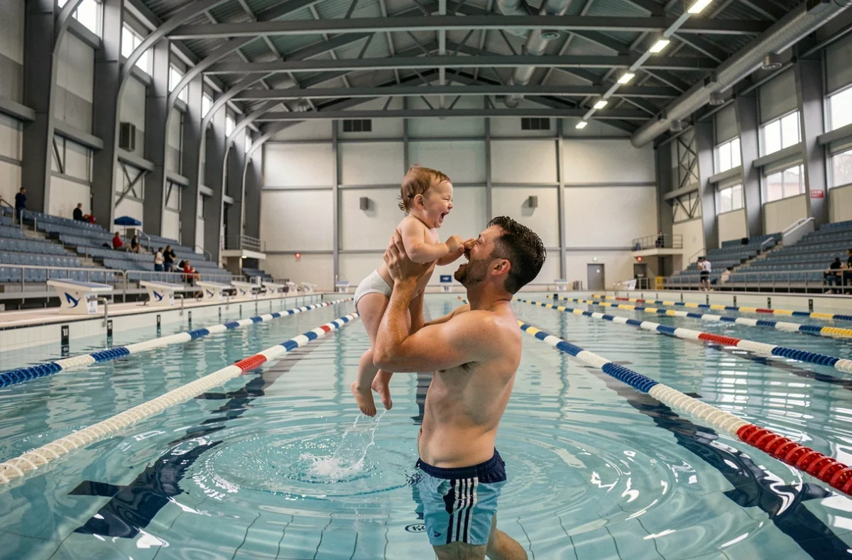Père et bébé lors d'un cours de natation dans le grand bassin de la Piscine olympique de Dijon