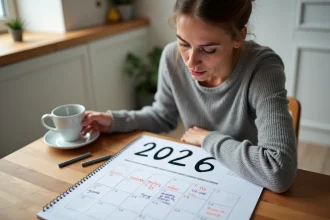 Femme planifiant ses congés et RTT sur un calendrier 2026 imprimé à la table de cuisine