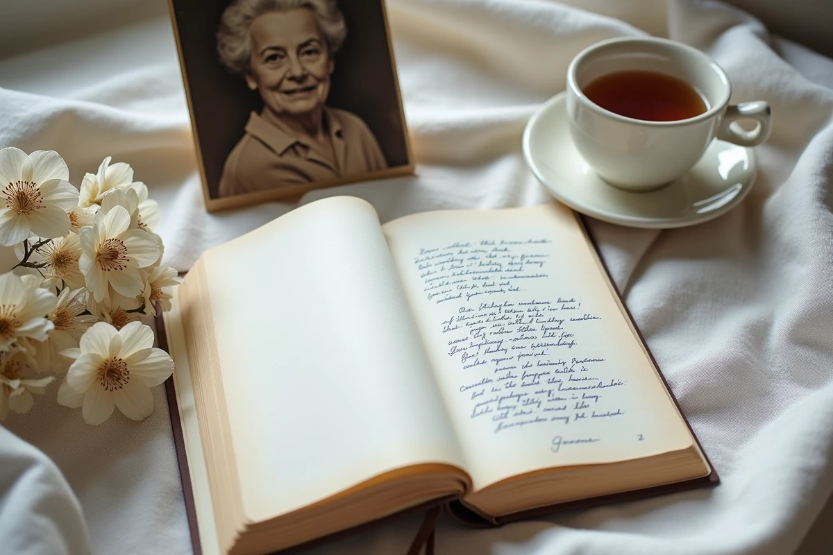 Journal ouvert avec un poème manuscrit en hommage à une mère décédée, fleur séchée et photographie ancienne pour la fête des mères